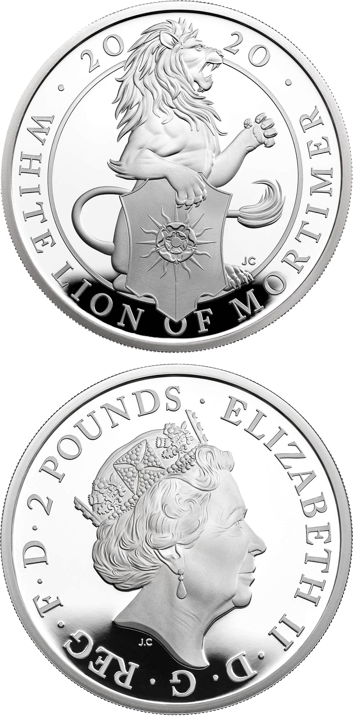 Image of 2 pounds coin - The White Lion of Mortimer | United Kingdom 2020.  The Silver coin is of Proof quality.