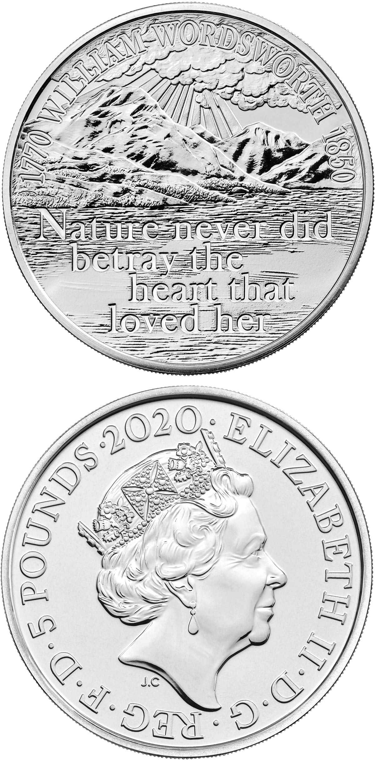 Image of 5 pounds coin - The 250th Anniversary of the Birth of William Wordsworth  | United Kingdom 2020.  The Copper–Nickel (CuNi) coin is of BU quality.
