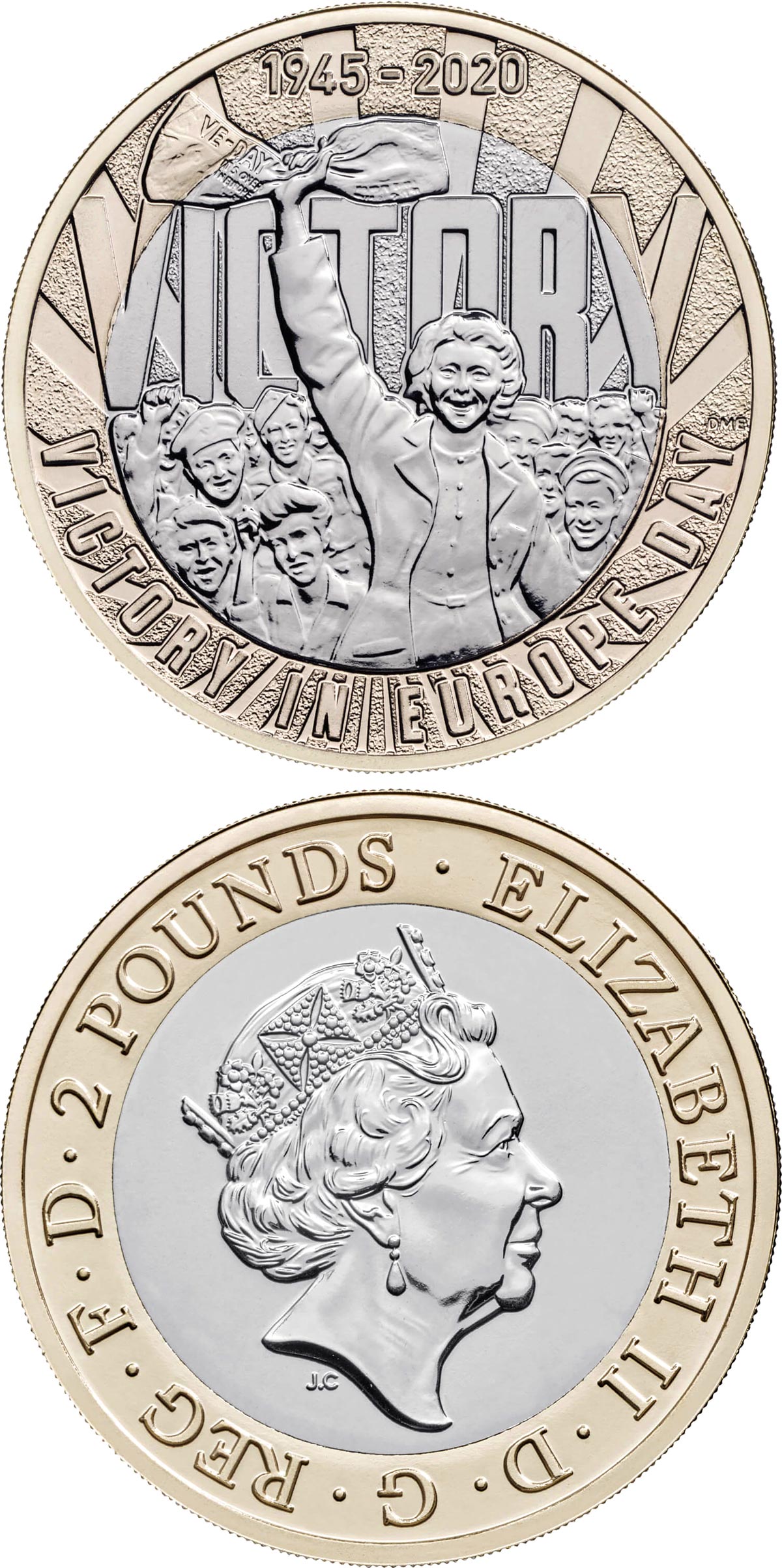 Image of 2 pounds coin - 75th Anniversary of VE Day | United Kingdom 2020.  The Bimetal: CuNi, nordic gold coin is of Proof, BU quality.
