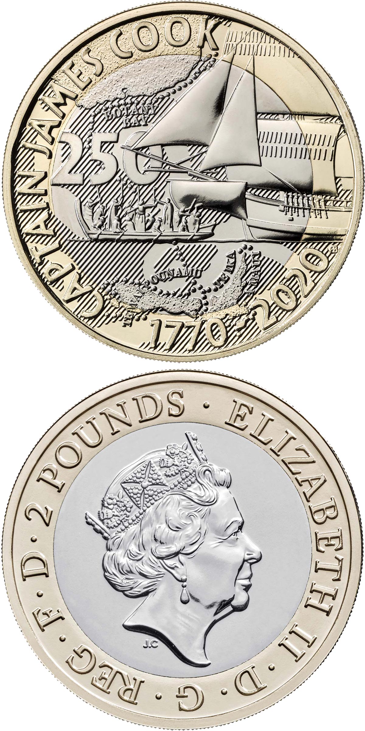 Image of 2 pounds coin - 250th Anniversary of Captain Cook’s Voyage | United Kingdom 2020.  The Bimetal: CuNi, nordic gold coin is of Proof, BU quality.