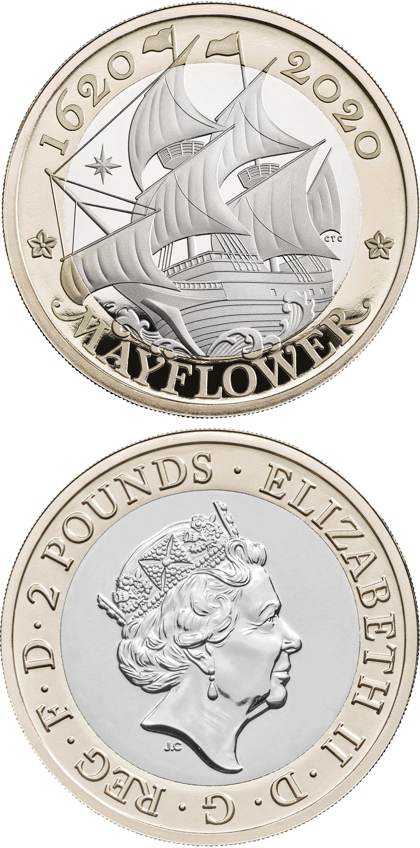 Image of 2 pounds coin - 400 Years Since the Voyage of the Mayflower | United Kingdom 2020.  The Bimetal: CuNi, nordic gold coin is of Proof, BU quality.