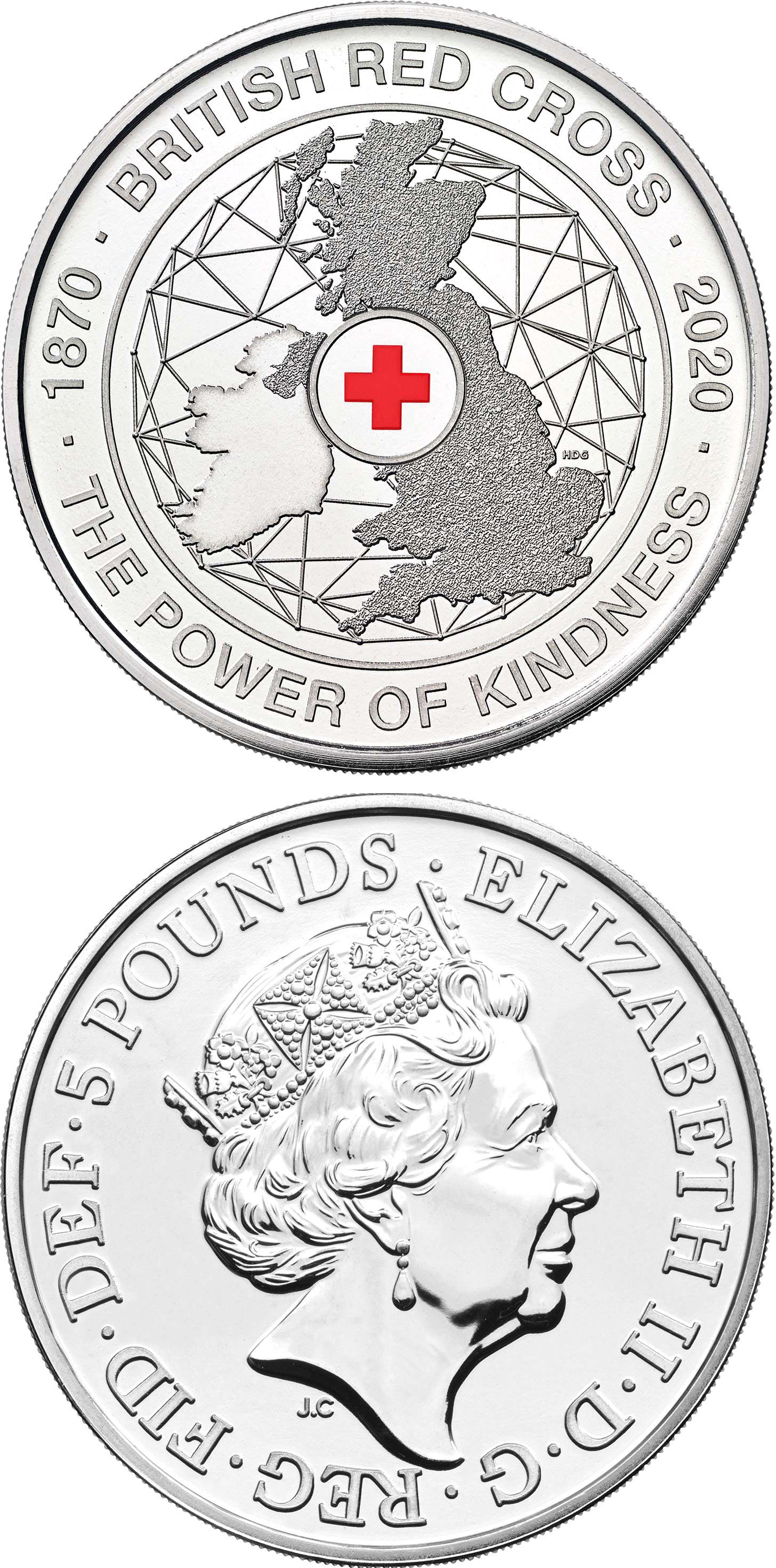 Image of 5 pounds coin - 150th anniversary of the British Red Cross | United Kingdom 2020.  The Copper–Nickel (CuNi) coin is of BU quality.