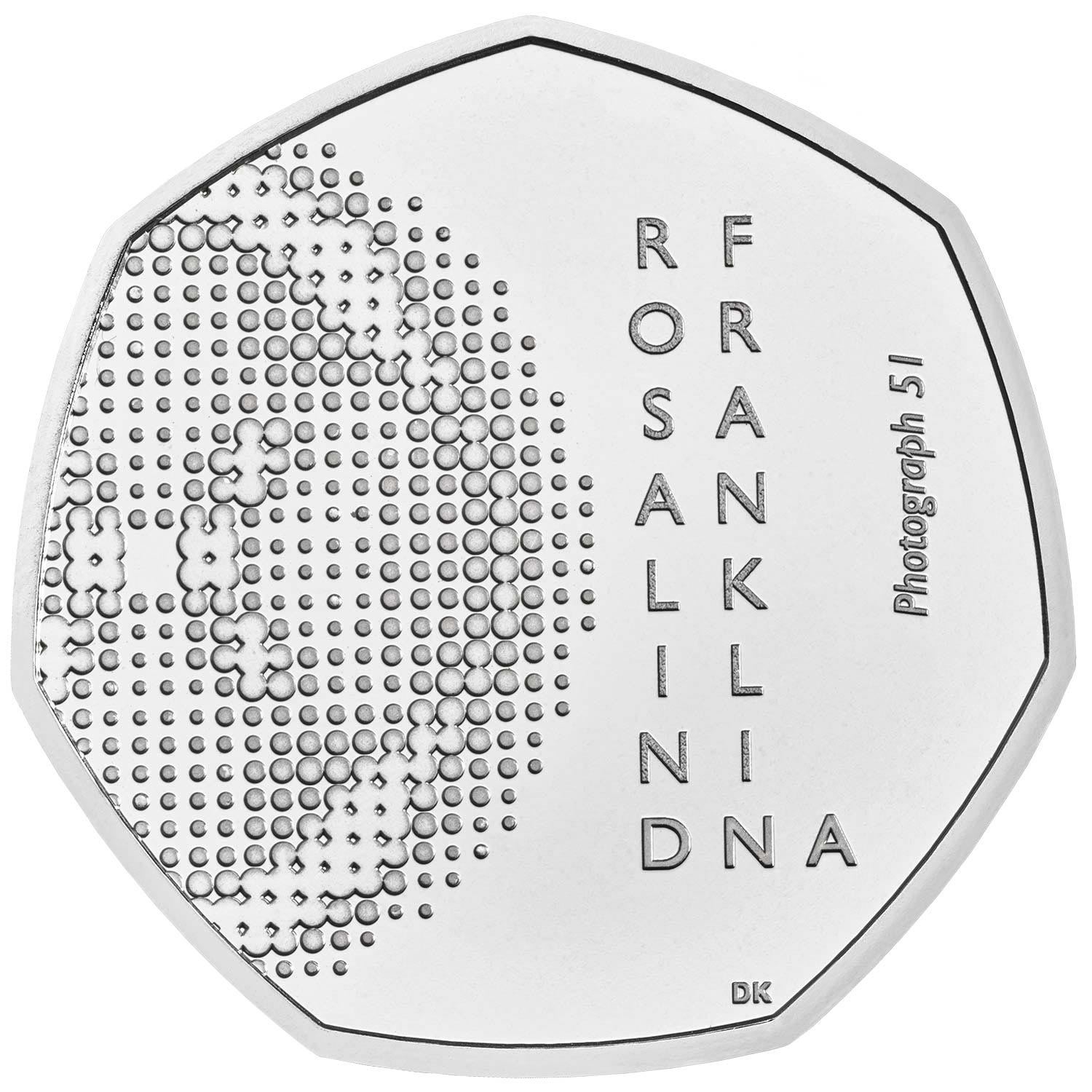Image of 50 pence coin - Rosalind Franklin | United Kingdom 2020.  The Copper–Nickel (CuNi) coin is of Proof, BU quality.