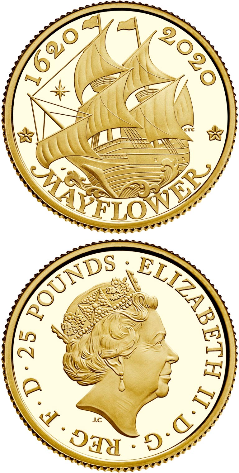 Image of 25 pounds coin - 400 Years Since the Voyage of the Mayflower | United Kingdom 2020.  The Gold coin is of Proof quality.