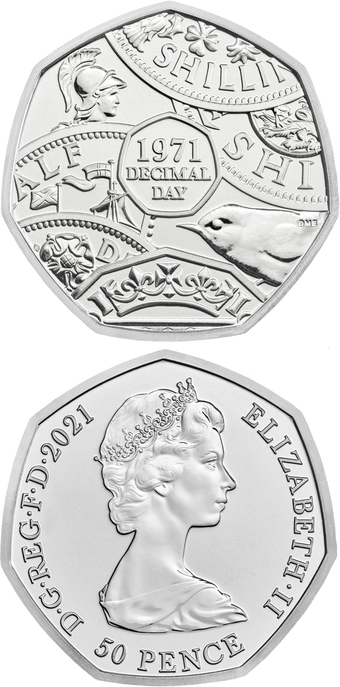 Image of 50 pence coin - 50th Anniversary of Decimalisation | United Kingdom 2021.  The Copper–Nickel (CuNi) coin is of UNC quality.