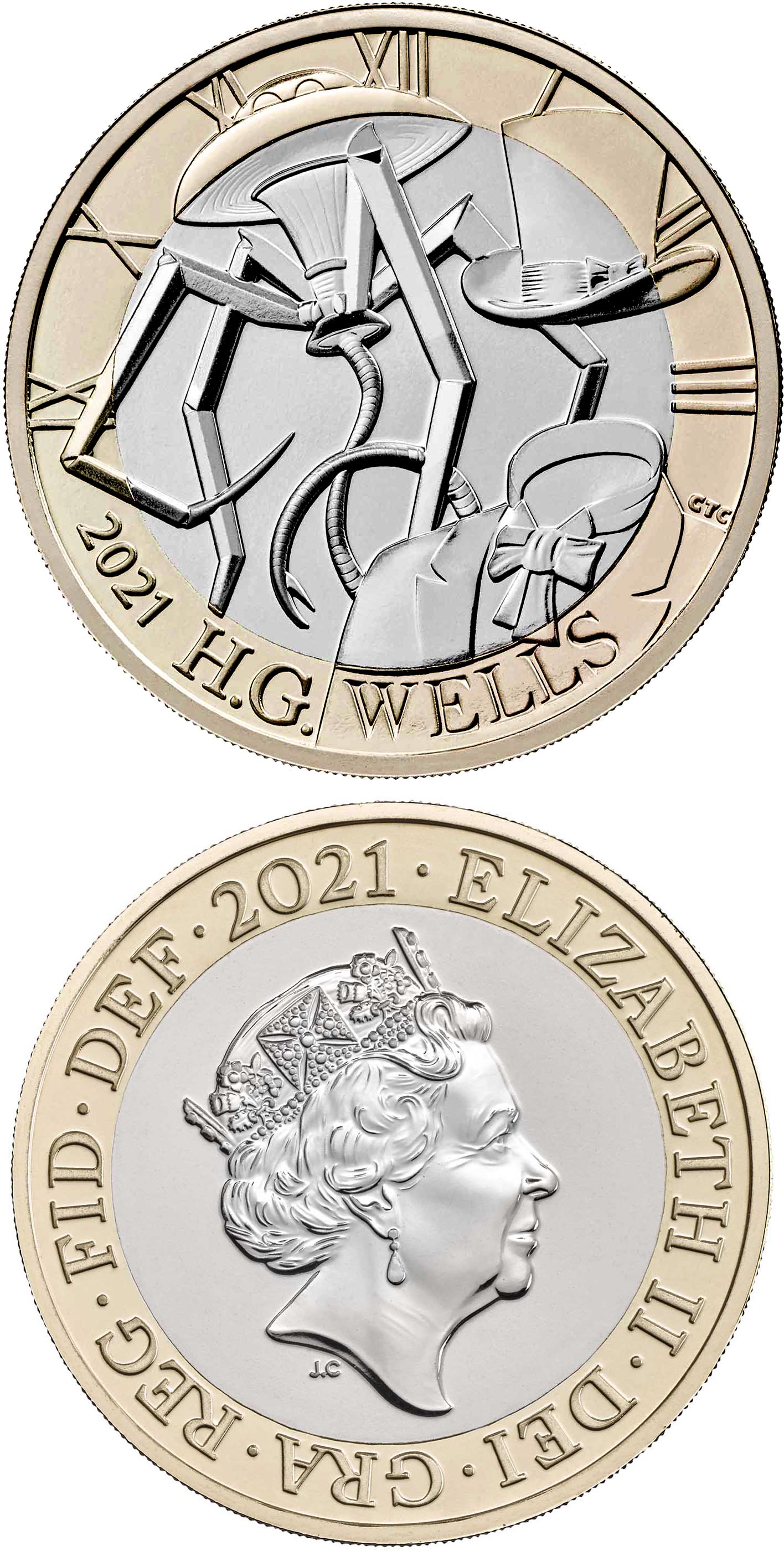 Image of 2 pounds coin - Celebrating the life and work of H. G. Wells | United Kingdom 2021.  The Bimetal: CuNi, nordic gold coin is of Proof, BU, UNC quality.