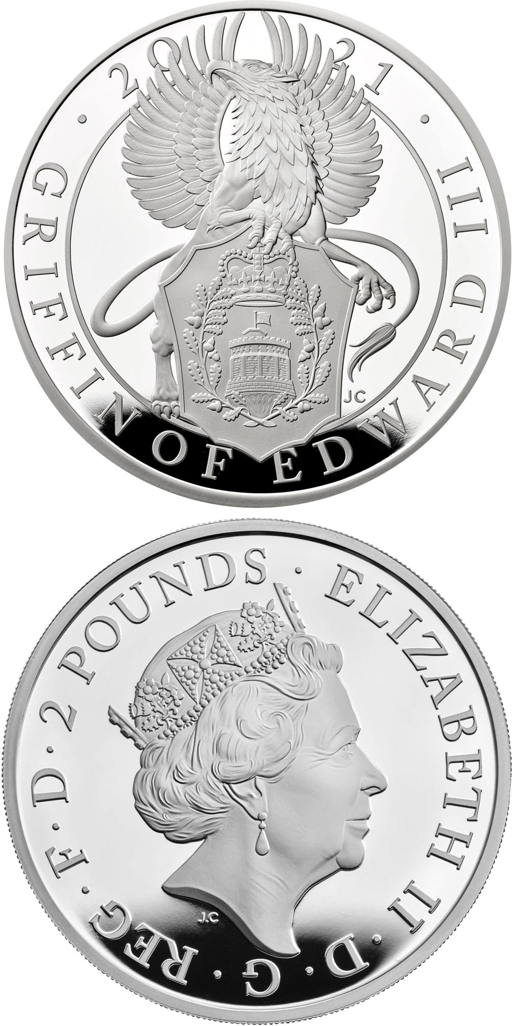 Image of 2 pounds coin - The Griffin of Edward III | United Kingdom 2021.  The Silver coin is of Proof quality.
