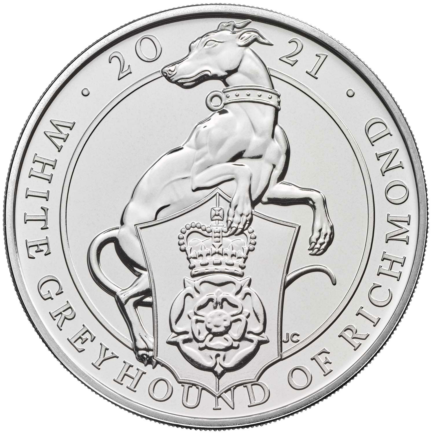 Image of 5 pounds coin - The Greyhound of Richmond | United Kingdom 2021.  The Silver coin is of BU quality.