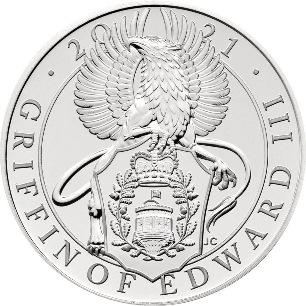 Image of 5 pounds coin - The Griffin of Edward III | United Kingdom 2021.  The Silver coin is of BU quality.