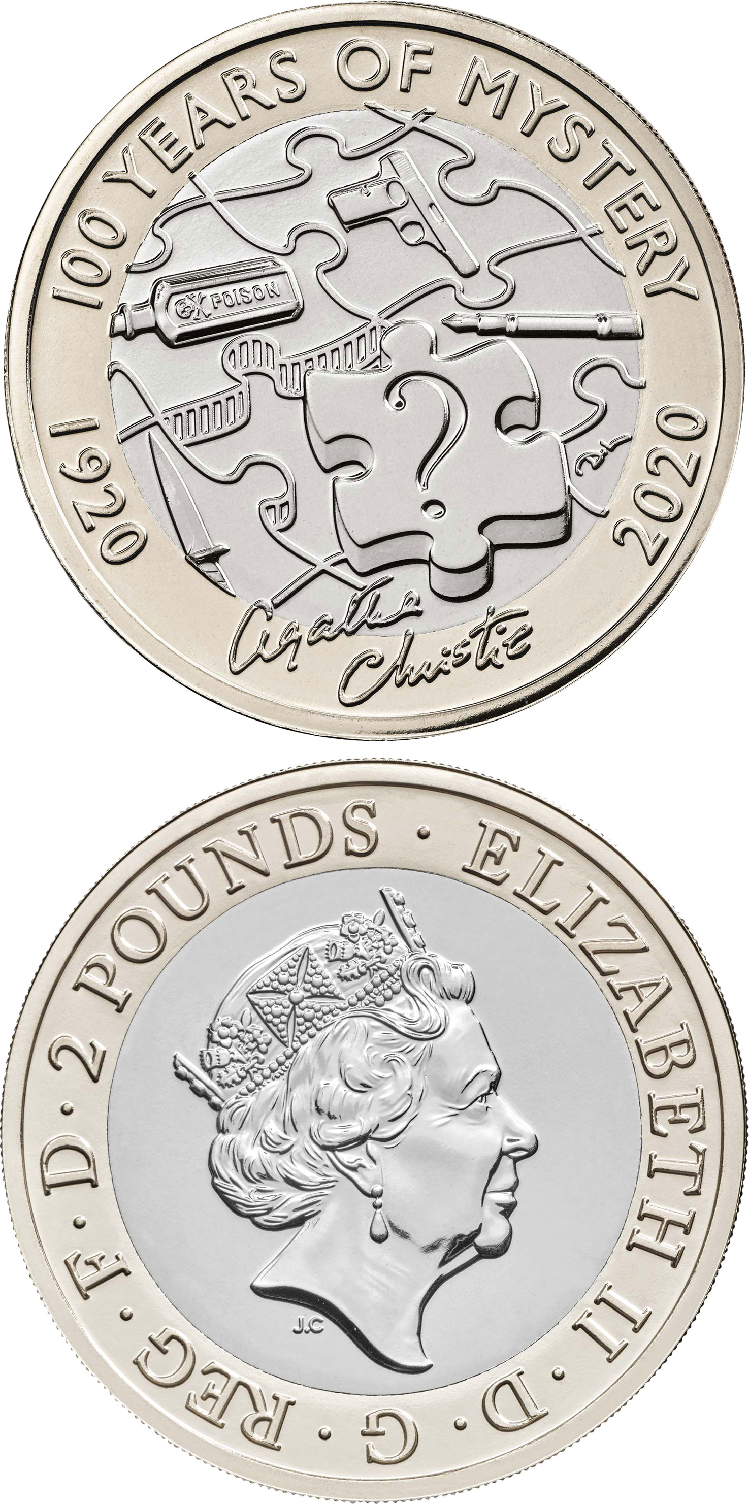Image of 2 pounds coin - 100th Anniversary of the Murder Mysteries of Agatha Christie | United Kingdom 2020.  The Bimetal: CuNi, nordic gold coin is of Proof, BU quality.