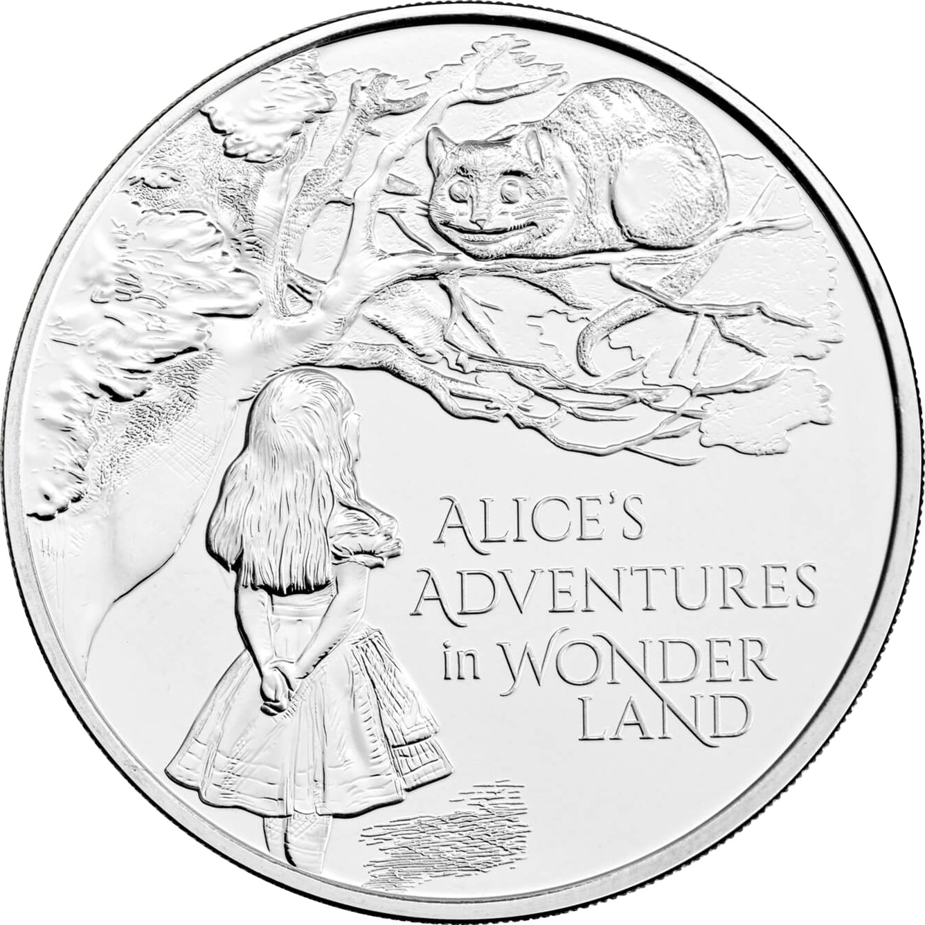 Image of 5 pounds coin - Alice's Adventures in Wonderland | United Kingdom 2021.  The Copper–Nickel (CuNi) coin is of BU quality.