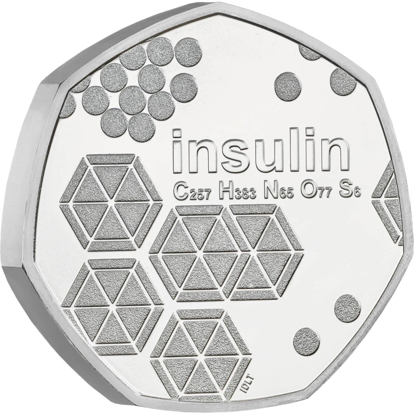 Image of 50 pence coin - 100 Years of Insulin | United Kingdom 2021.  The Copper–Nickel (CuNi) coin is of UNC quality.