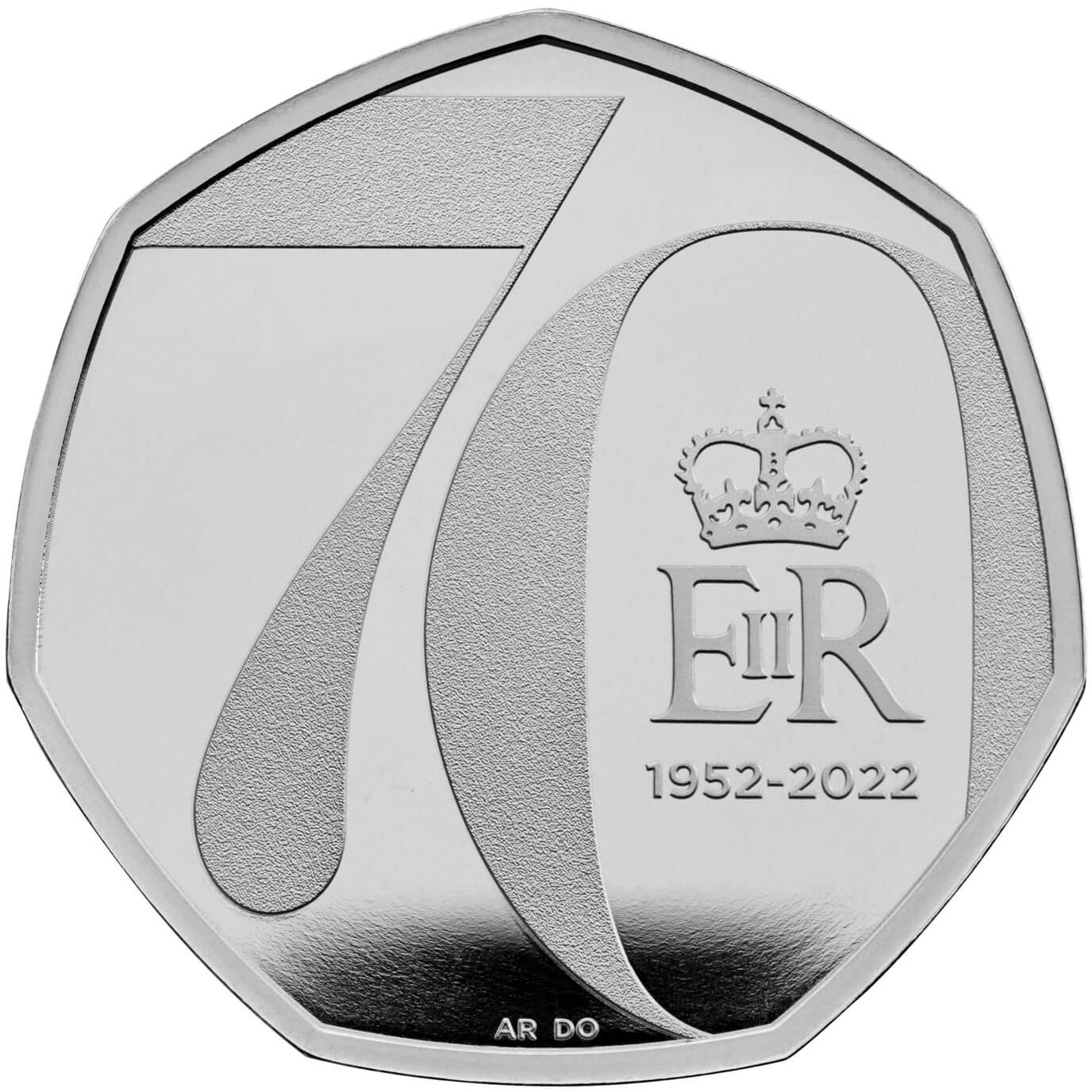 Image of 50 pence coin - The Platinum Jubilee of Her Majesty The Queen | United Kingdom 2022.  The Copper–Nickel (CuNi) coin is of UNC quality.