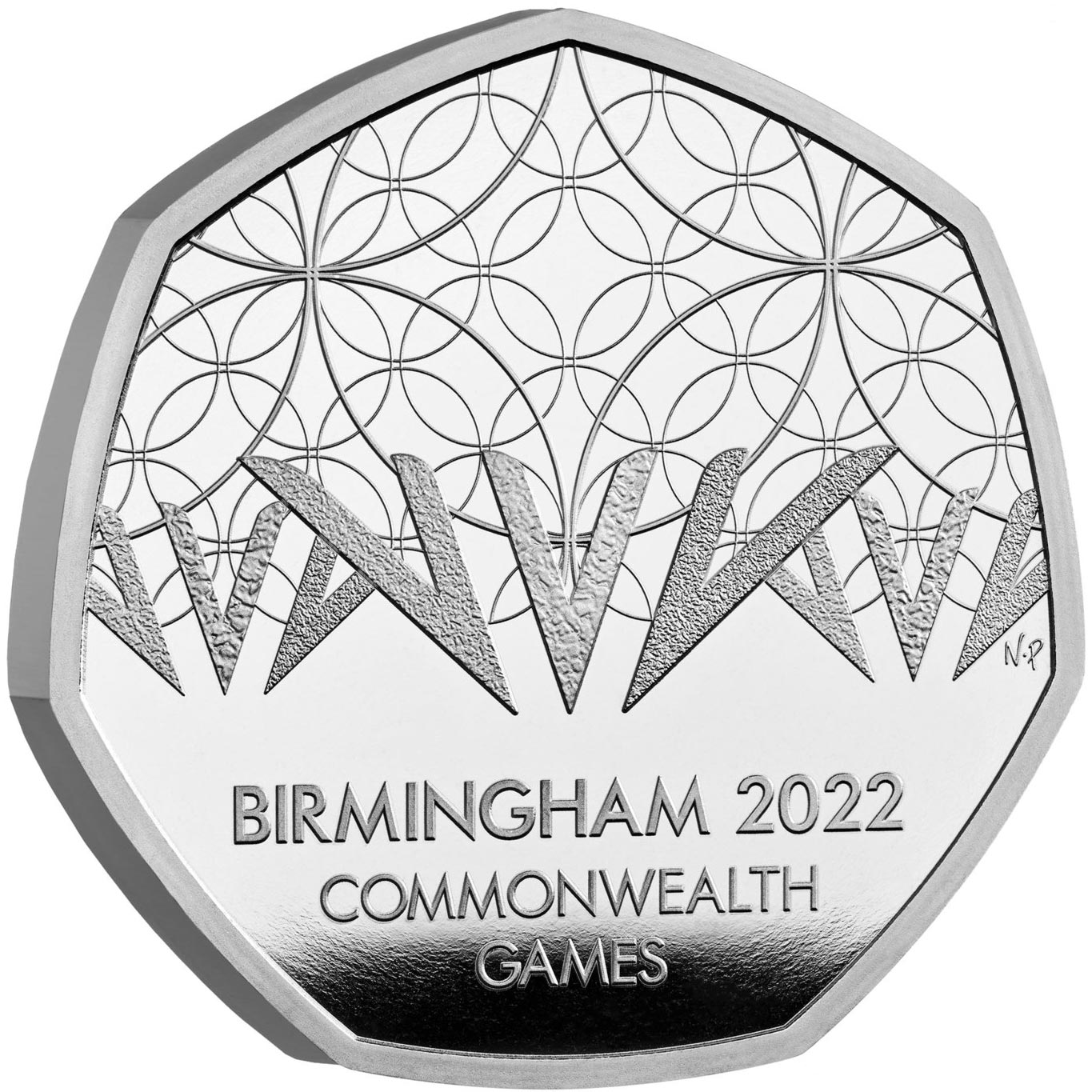 Image of 50 pence coin - Birmingham 2022 Commonwealth Games | United Kingdom 2022.  The Copper–Nickel (CuNi) coin is of UNC quality.
