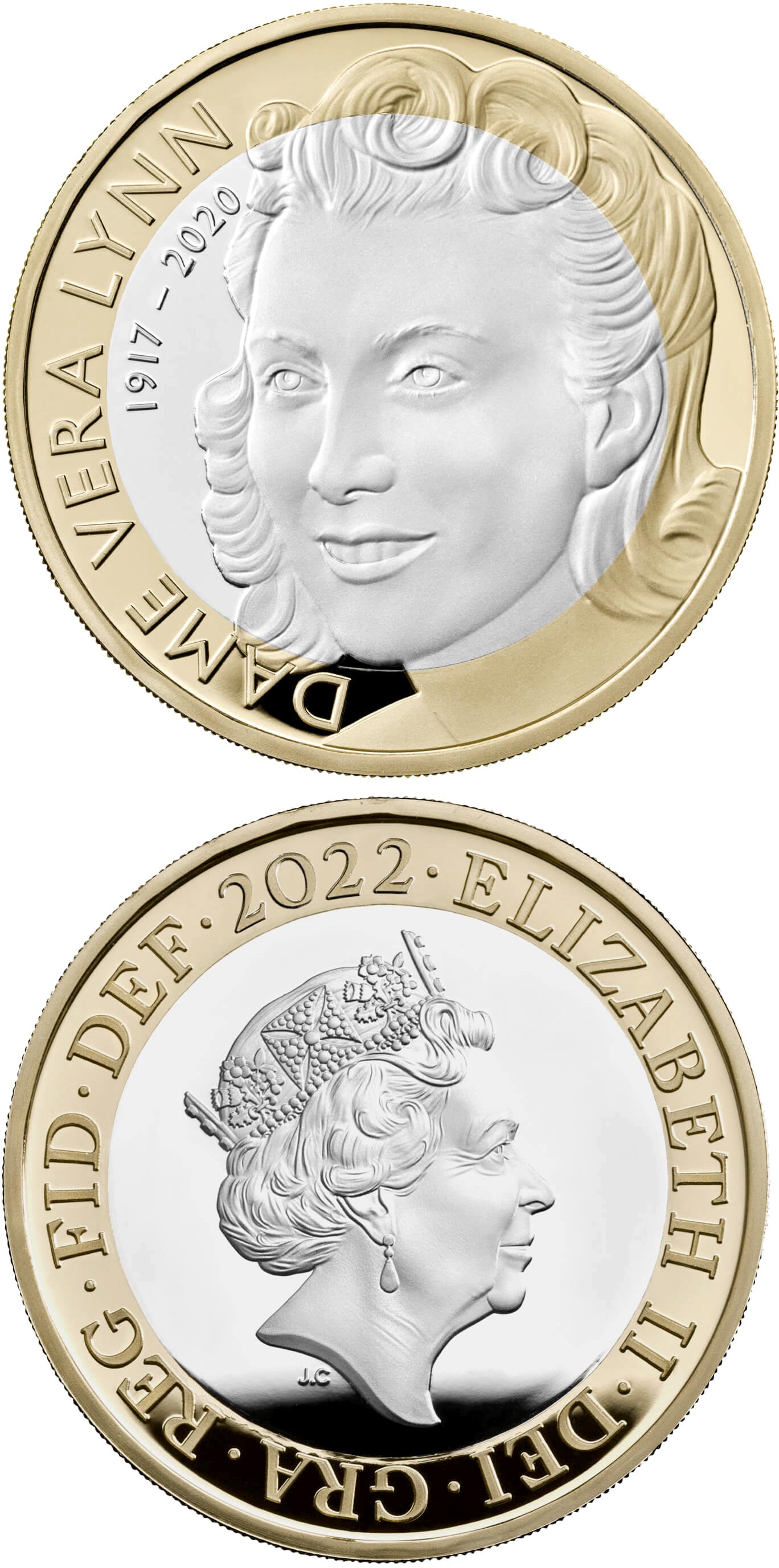 Image of 2 pounds coin - Celebrating the Life and Legacy of Dame Vera Lynn | United Kingdom 2022.  The Bimetal: CuNi, nordic gold coin is of Proof, BU, UNC quality.