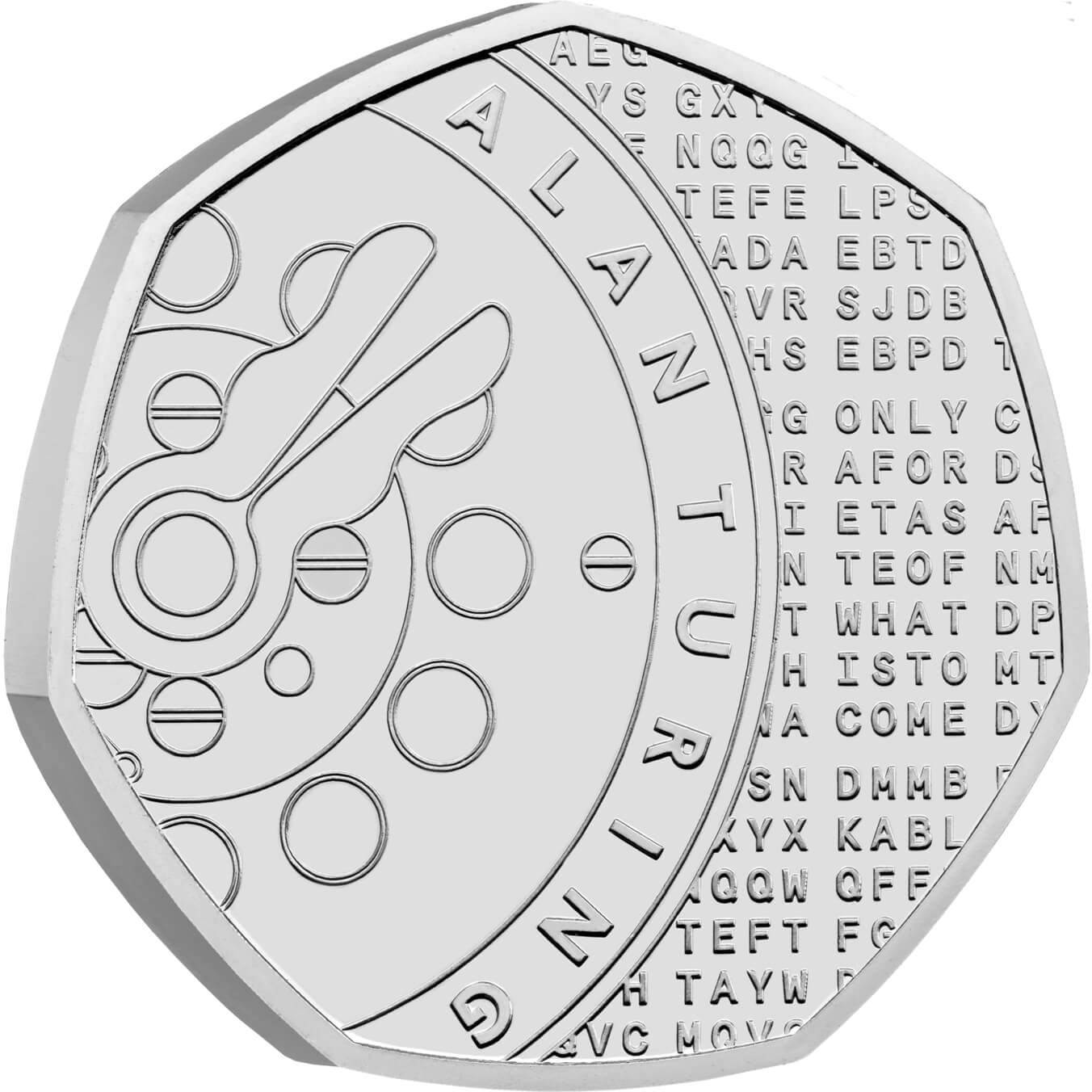 Image of 50 pence coin - Alan Turing | United Kingdom 2022.  The Copper–Nickel (CuNi) coin is of UNC quality.