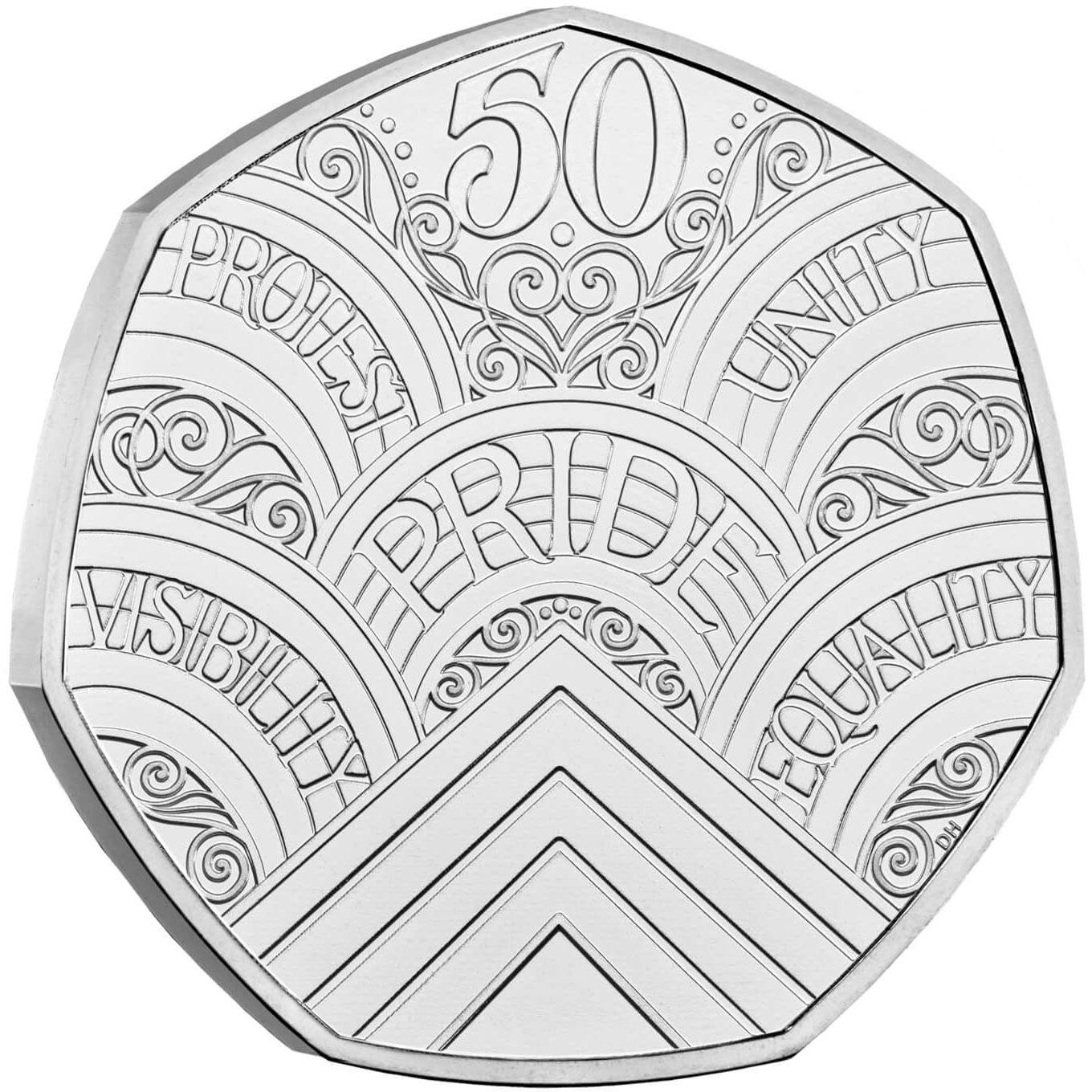 Image of 50 pence coin - 50 Years of Pride | United Kingdom 2022.  The Copper–Nickel (CuNi) coin is of UNC quality.