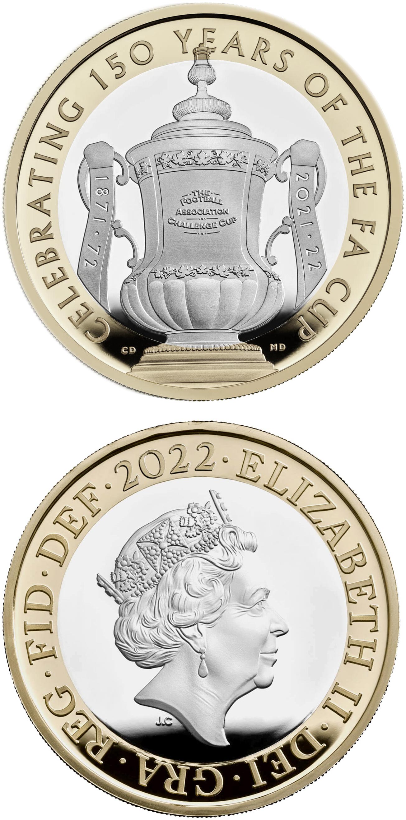 Image of 2 pounds coin - The 150th Anniversary of the FA Cup 2022 | United Kingdom 2022.  The Bimetal: CuNi, nordic gold coin is of Proof, BU, UNC quality.