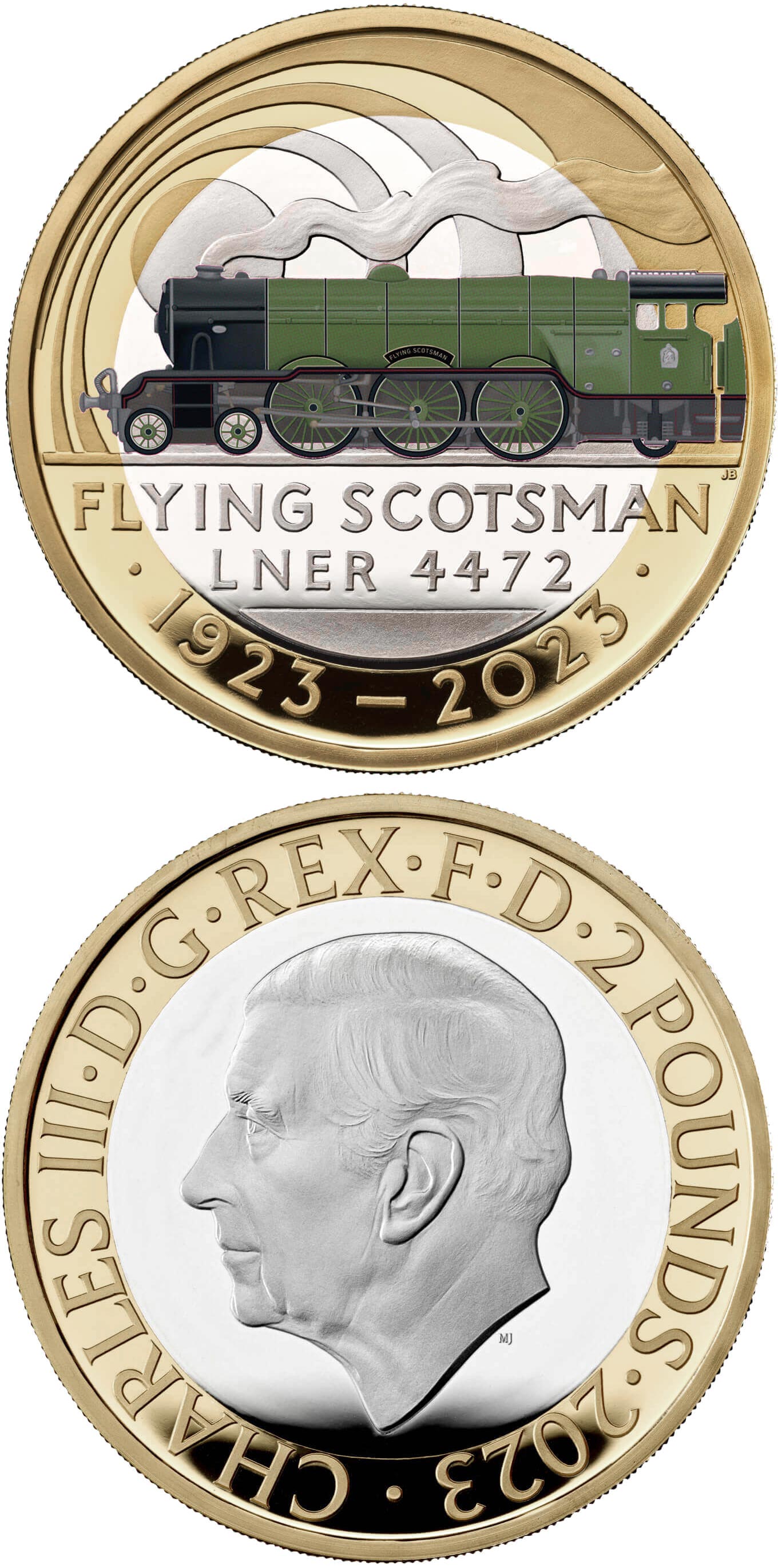 Image of 2 pounds coin - The Centenary of Flying Scotsman | United Kingdom 2023.  The Bimetal: CuNi, nordic gold coin is of Proof, BU, UNC quality.