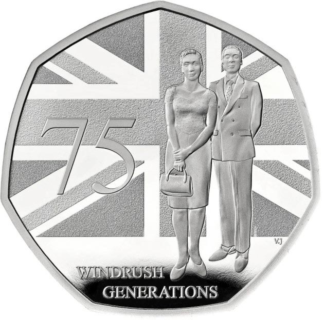 Image of 50 pence coin - 75 Years of the Windrush Generation | United Kingdom 2023.  The Copper–Nickel (CuNi) coin is of UNC quality.
