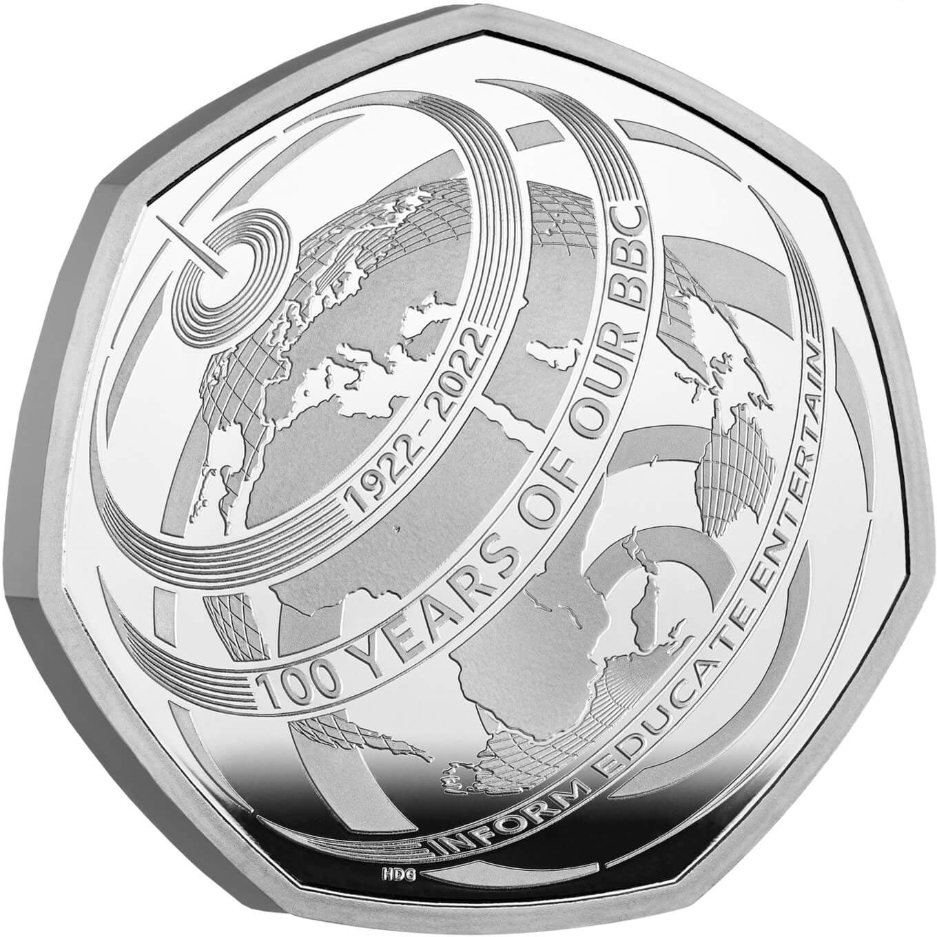 Image of 50 pence coin - 100th Anniversary of Our BBC | United Kingdom 2022.  The Copper–Nickel (CuNi) coin is of UNC quality.