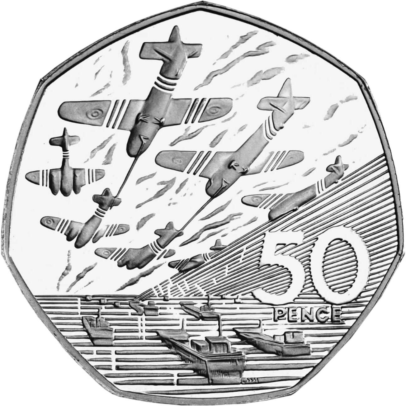 Image of 50 pence coin - 50th Anniversary of the D-Day Landings | United Kingdom 1994.  The Copper–Nickel (CuNi) coin is of UNC quality.