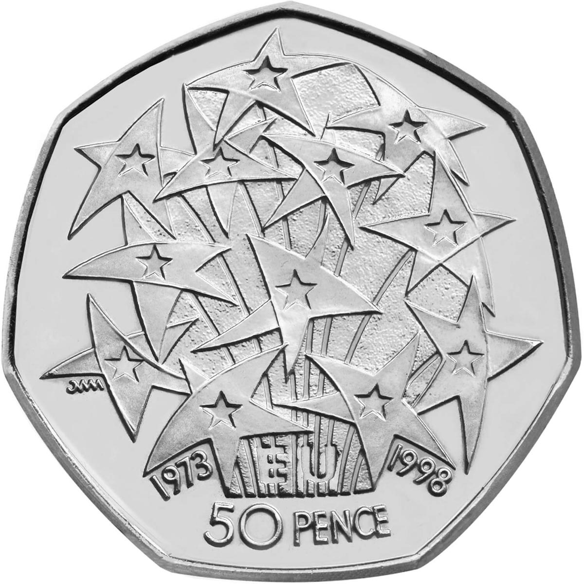 Image of 50 pence coin - United Kingdom's Presidency of the European Union | United Kingdom 1998.  The Copper–Nickel (CuNi) coin is of UNC quality.