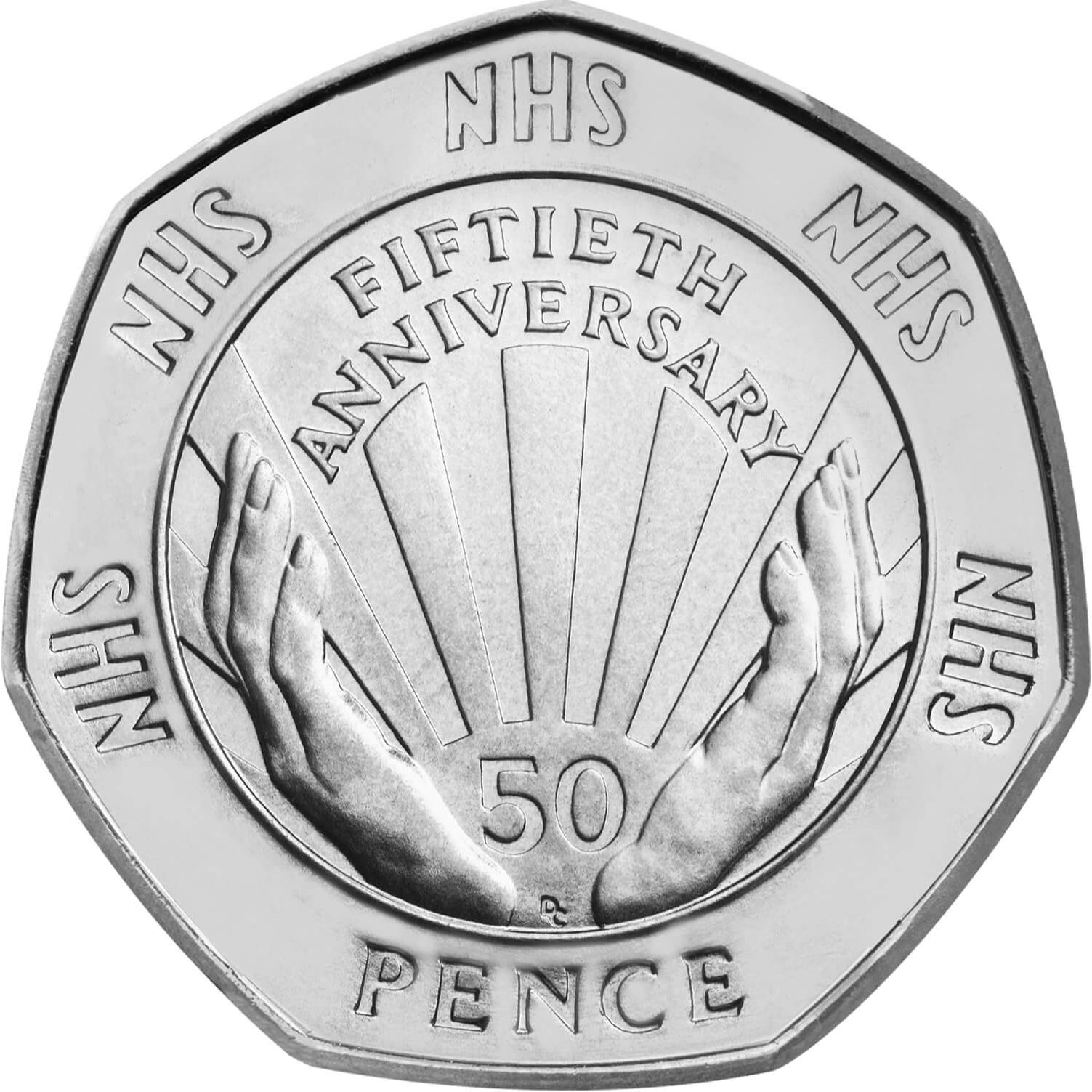 Image of 50 pence coin - 50th Anniversary of the National Health Service | United Kingdom 1998.  The Copper–Nickel (CuNi) coin is of UNC quality.