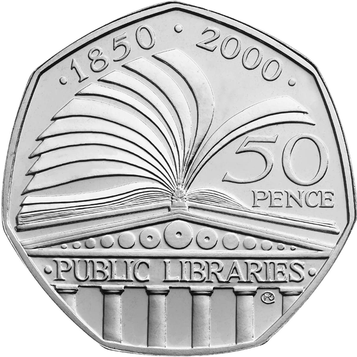 Image of 50 pence coin - 150th Anniversary of the Public Libraries Act | United Kingdom 2000.  The Copper–Nickel (CuNi) coin is of UNC quality.