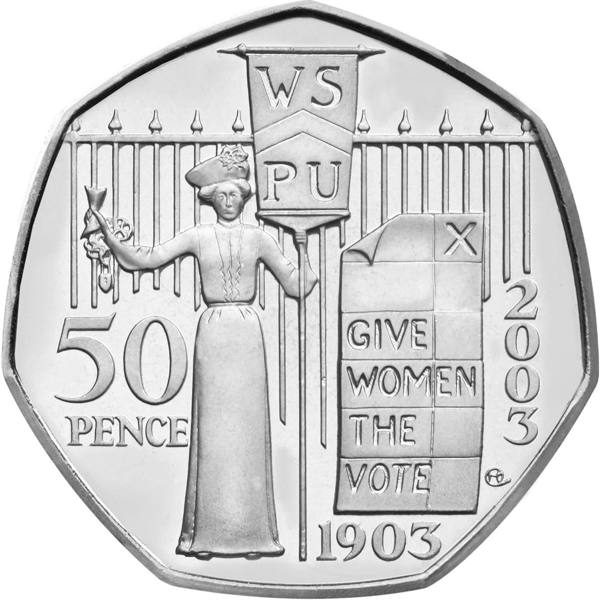 Image of 50 pence coin - 100th Anniversary of the formation of the Women's Social and Political Union | United Kingdom 2003.  The Copper–Nickel (CuNi) coin is of UNC quality.