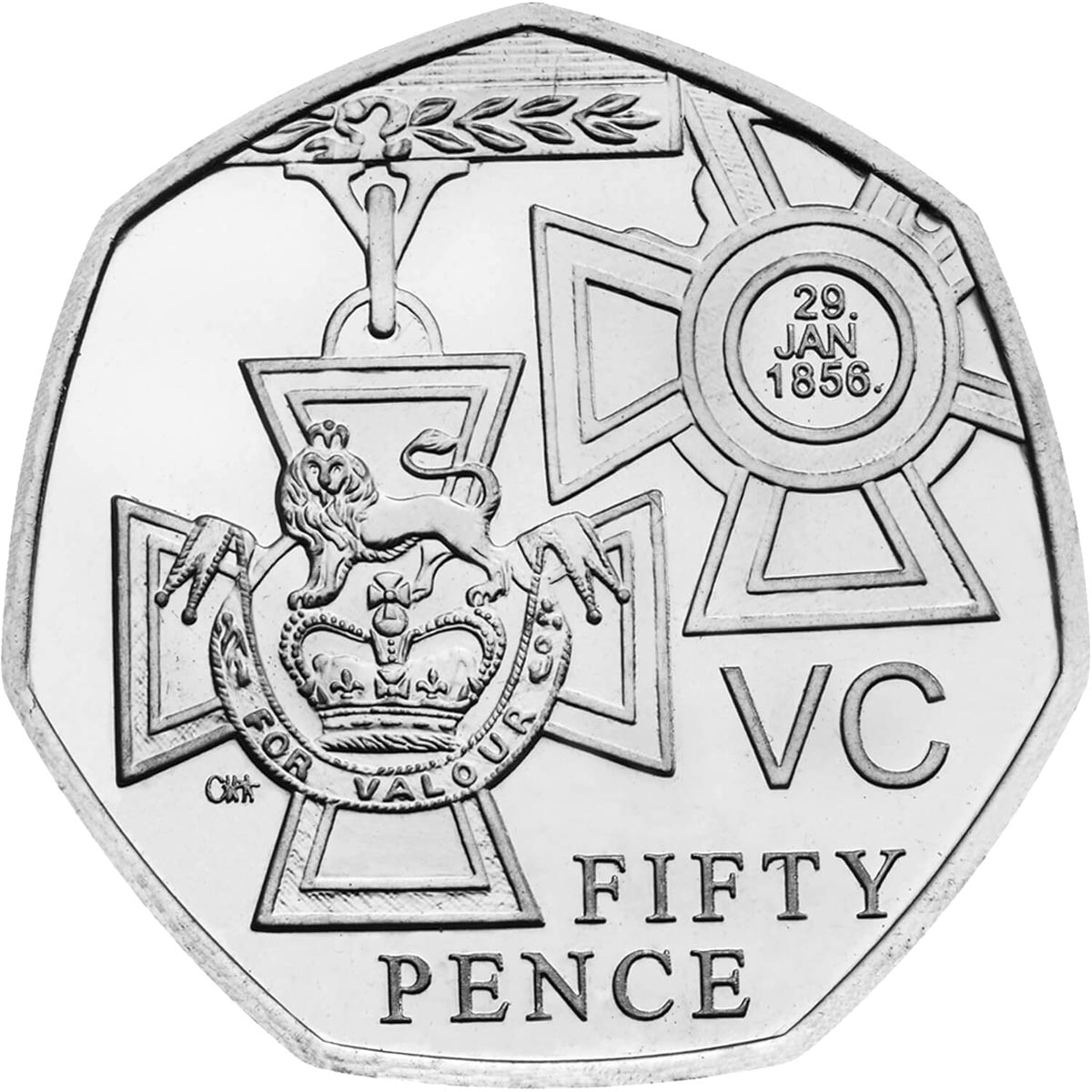 Image of 50 pence coin - 150th Anniversary of the institution of the Victoria Cross | United Kingdom 2006.  The Copper–Nickel (CuNi) coin is of UNC quality.