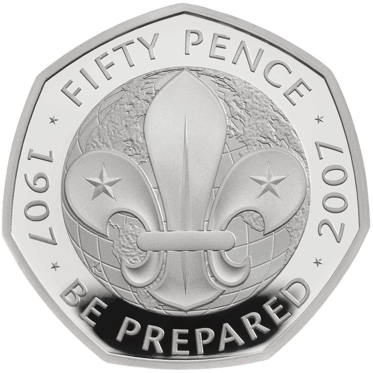 Image of 50 pence coin - Centenary of the Foundation of the Scouting Movement | United Kingdom 2007.  The Copper–Nickel (CuNi) coin is of UNC quality.