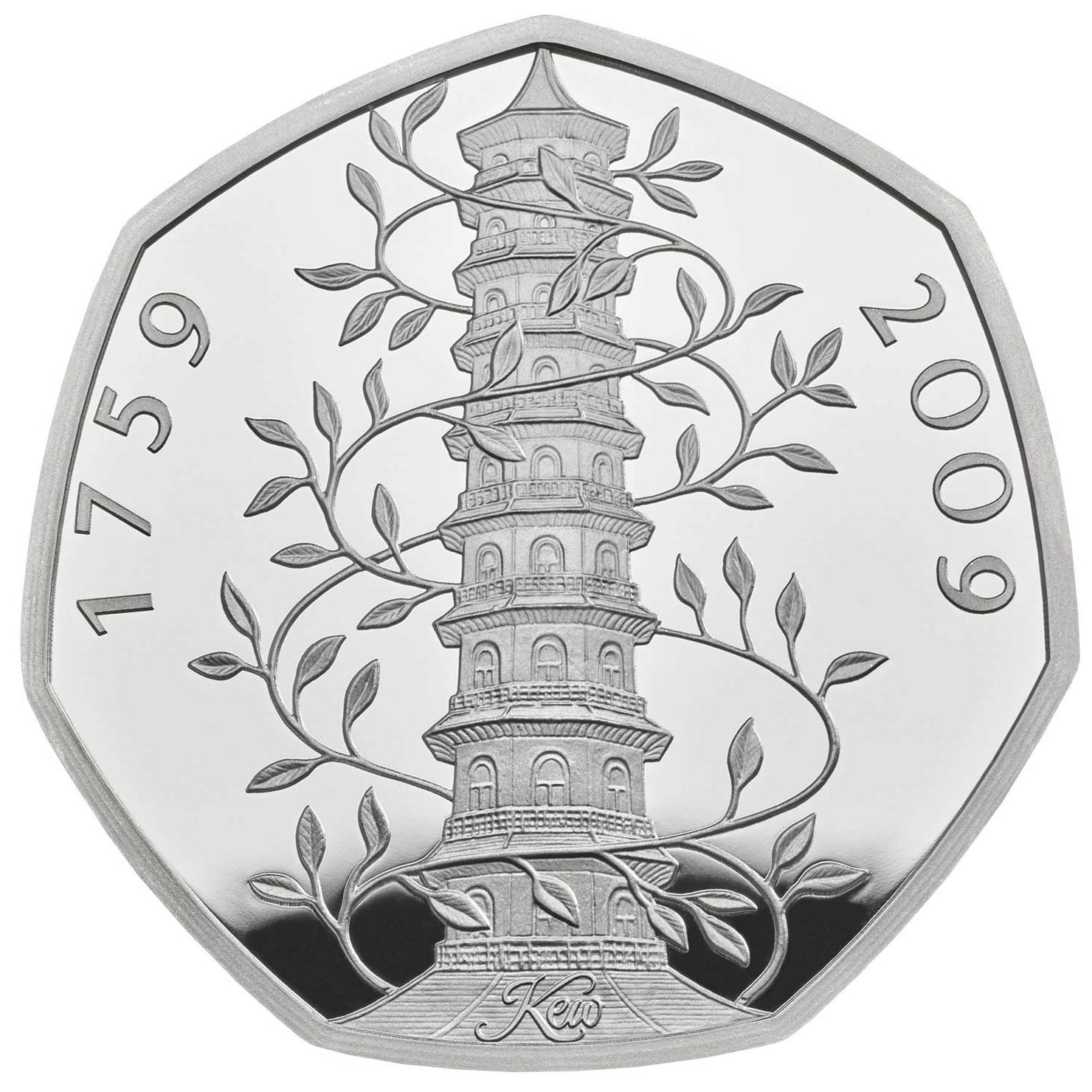 Image of 50 pence coin - 250th anniversary of the foundation of the Royal Botanic Gardens at Kew | United Kingdom 2009.  The Copper–Nickel (CuNi) coin is of UNC quality.