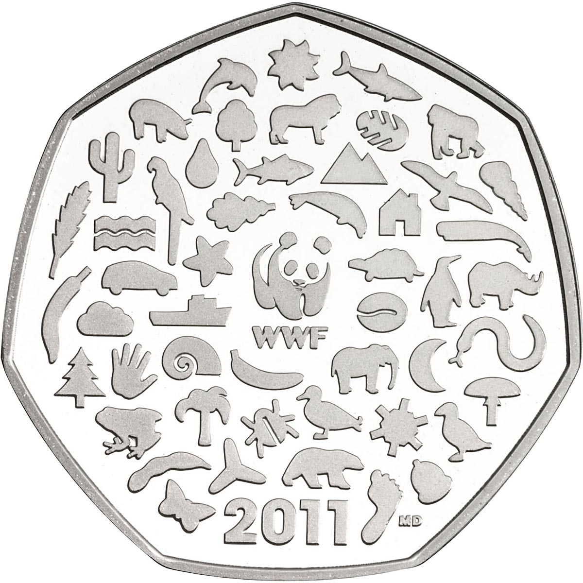 Image of 50 pence coin - 50th anniversary of the foundation of the WWF | United Kingdom 2011.  The Copper–Nickel (CuNi) coin is of UNC quality.