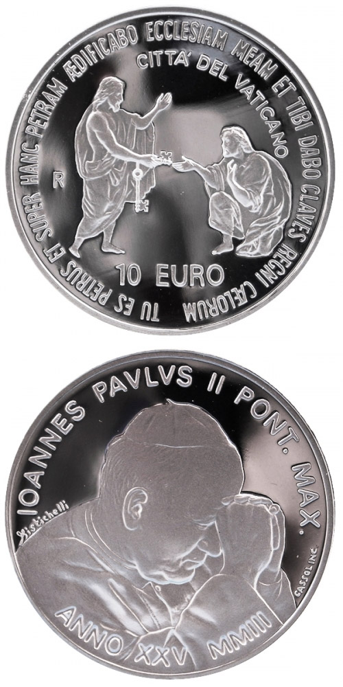 Image of 10 euro coin - 25 years Pontificate of Pope John Paul II.  | Vatican City 2003.  The Silver coin is of Proof quality.