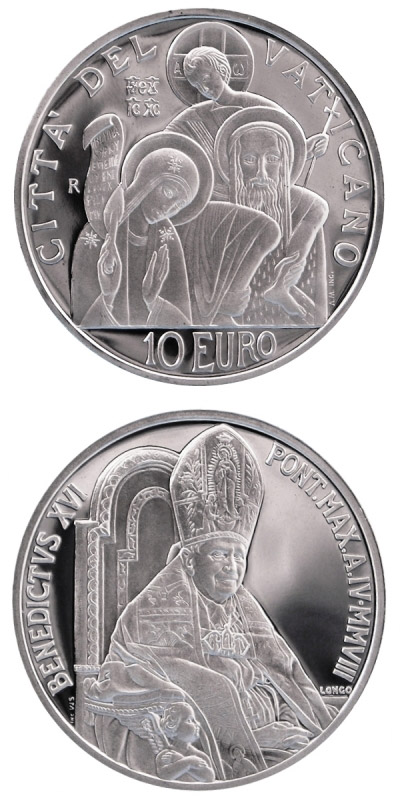 Image of 10 euro coin - 41st World Day of Peace  | Vatican City 2008.  The Silver coin is of Proof quality.
