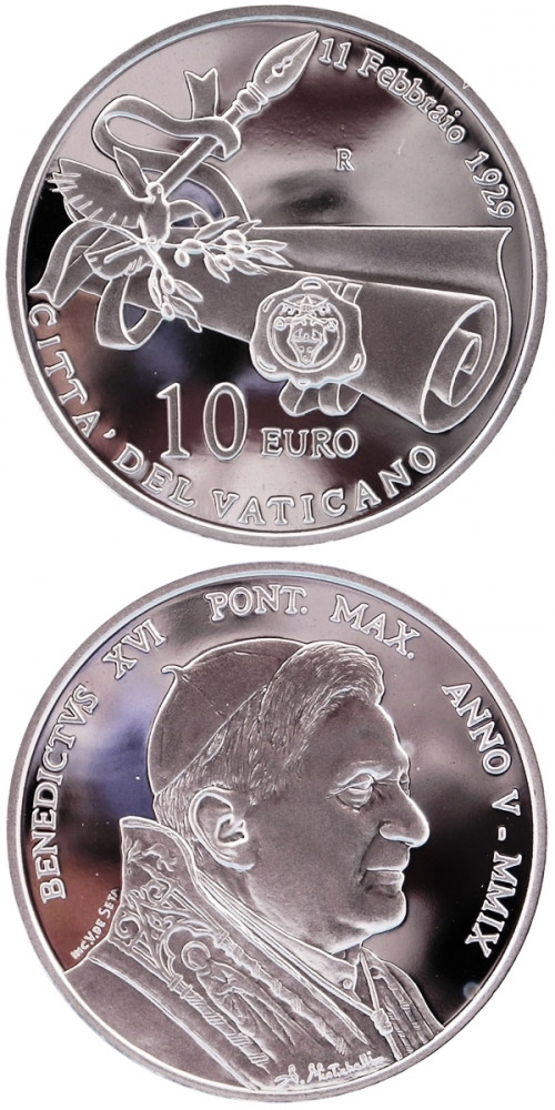 Image of 10 euro coin - 80th Anniversary of Vatican City State  | Vatican City 2009.  The Silver coin is of Proof quality.
