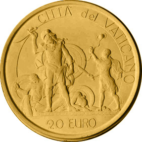 Image of 20 euro coin - David and Goliath - The Judgement of Solomon  | Vatican City 2004.  The Gold coin is of Proof quality.