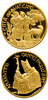 Image of 50 euro coin - Arche Noah - Abraham's Sacrifice  | Vatican City 2002.  The Gold coin is of Proof quality.