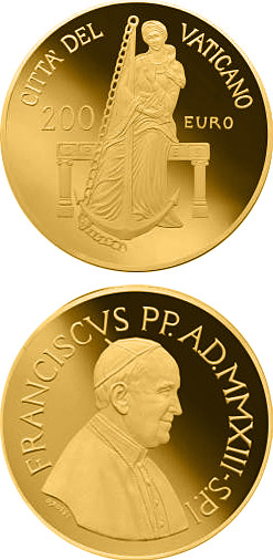 Image of 200 euro coin - The Theological Virtues – Hope | Vatican City 2013.  The Gold coin is of Proof quality.
