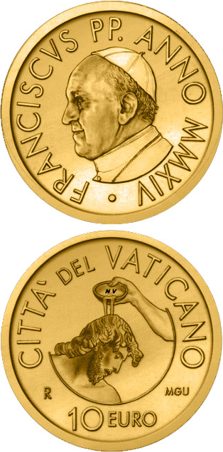 Image of 10 euro coin - Baptism | Vatican City 2014.  The Gold coin is of Proof quality.