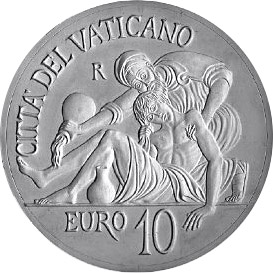 Image of 10 euro coin - 450th Anniversary of the Death of Michelangelo  | Vatican City 2014.  The Silver coin is of Proof quality.