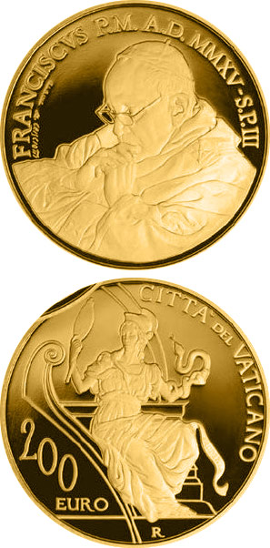 Image of 200 euro coin - The Cardinal Virtues - Prudence | Vatican City 2015.  The Gold coin is of Proof quality.