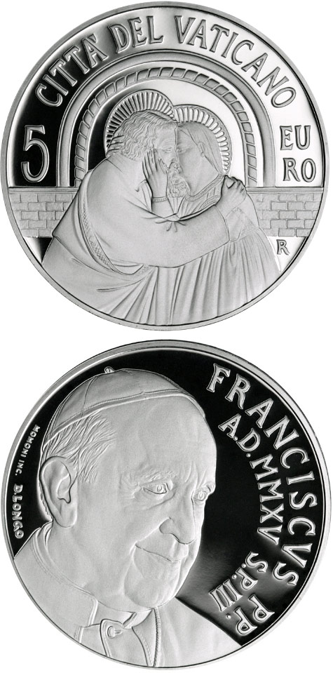 Image of 5 euro coin - XIV Ordinary General Assembly of the Synod of Bishops | Vatican City 2015.  The Silver coin is of Proof quality.