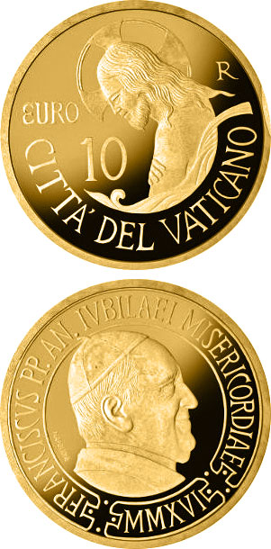Image of 10 euro coin - Baptism | Vatican City 2016.  The Gold coin is of Proof quality.