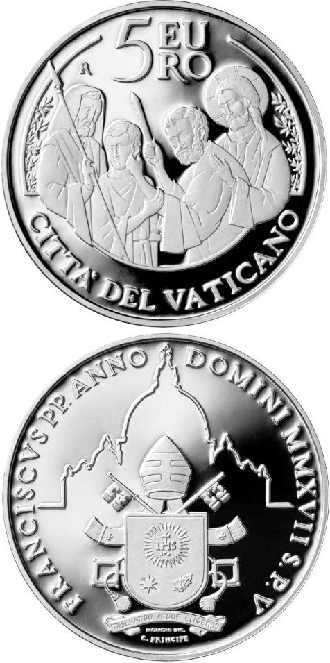 Image of 5 euro coin - 50th World Day of Peace | Vatican City 2017.  The Silver coin is of Proof quality.