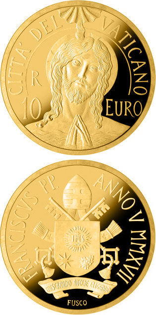 Image of 10 euro coin - Baptism | Vatican City 2017.  The Gold coin is of Proof quality.