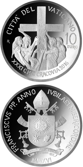 Image of 10 euro coin - World Youth Day - Krakow | Vatican City 2016.  The Silver coin is of Proof quality.
