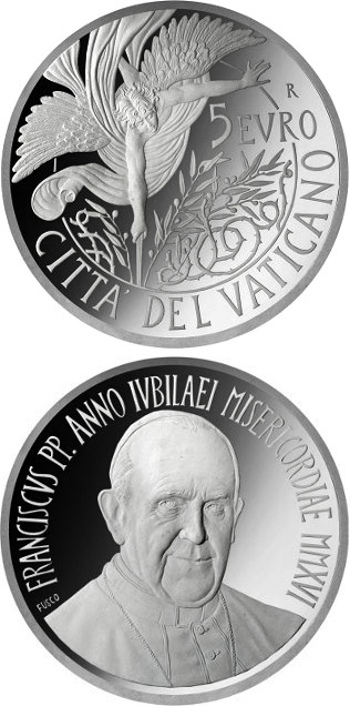 Image of 5 euro coin - 49th World Day of Peace | Vatican City 2016.  The Silver coin is of Proof quality.