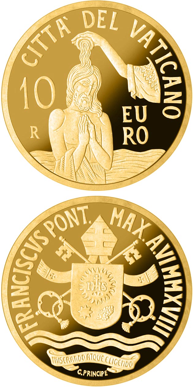 Image of 10 euro coin - Baptism MMXVIII | Vatican City 2018.  The Gold coin is of Proof quality.